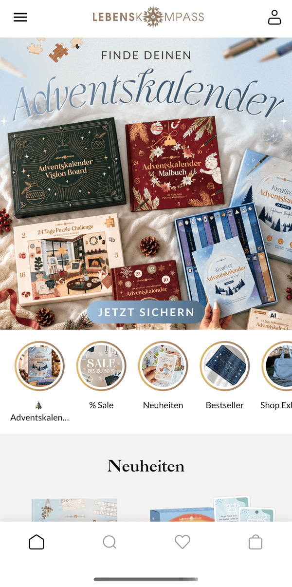 Startseite der Lebenskompass Shop-App mit Kategorien und Neuheiten