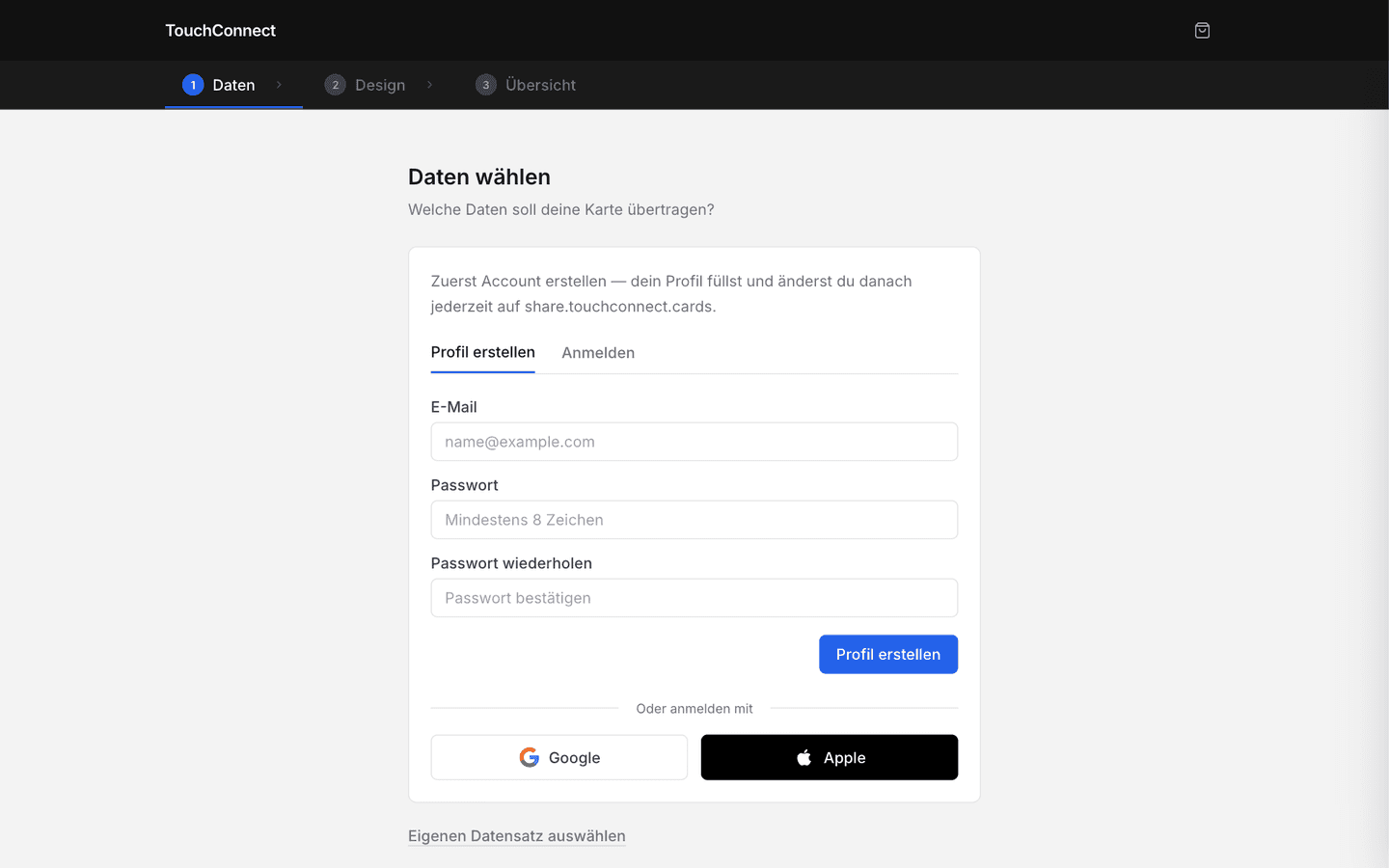 Konfigurator für die eigene TouchConnect-Karte