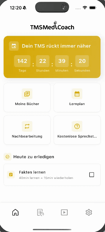 TMSMediCoach Startseite mit Countdown bis zum Testtag